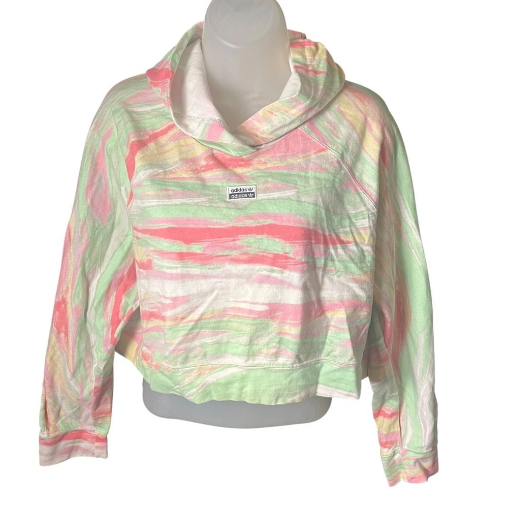 Adidas Originals Cropped Hoodie Women Small Pink Green Abstract Watercolor Y2K